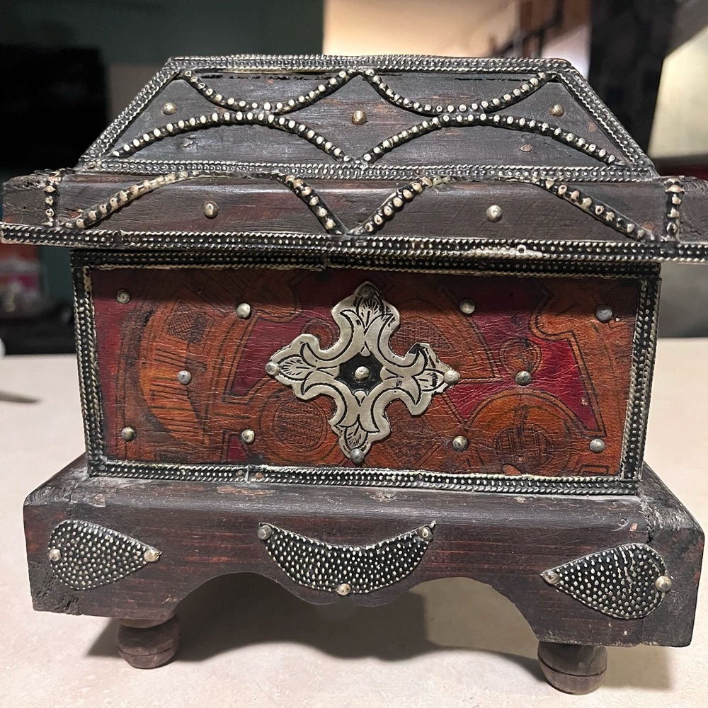 Ornate Moroccan Wooden and Leather Jewelry Box with Silver and Stone Accents - Picture 2 of 16